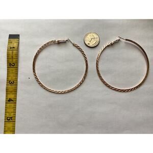 4016 NWOP Vintage 3" Flat Textured Etched Criss-cross Pattern Rosegold Hoops